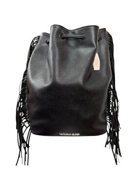 Victoria's Secret Black Fringe Backpack Purse NWT Drawstring